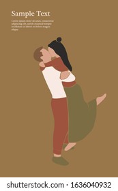 Romantic couple, pair of men and women with floral elements. Abstract silhouette style characters isolated on white background. Minimalist vector illustration with copyspace.