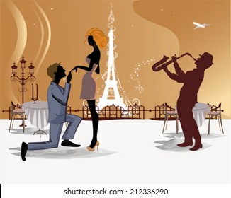 Romantic couple in the Paris cafe with a view of the Eiffel Tower and a musician 
