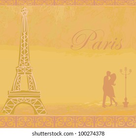 Romantic couple in Paris kissing near the Eiffel Tower Retro card