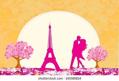 Romantic couple in Paris kissing near the Eiffel Tower Retro card