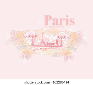 Romantic couple in Paris kissing near the Eiffel Tower Retro card