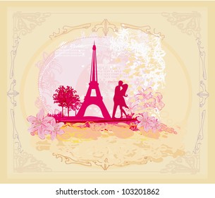 Romantic couple in Paris kissing near the Eiffel Tower Retro card