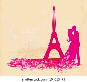 Romantic couple in Paris kissing near the Eiffel Tower Retro card