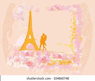 Romantic couple in Paris kissing near the Eiffel Tower. Retro card.