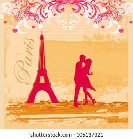 Romantic couple in Paris kissing near the Eiffel Tower  Retro card