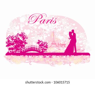 Romantic couple in Paris kissing near the Eiffel Tower Retro card