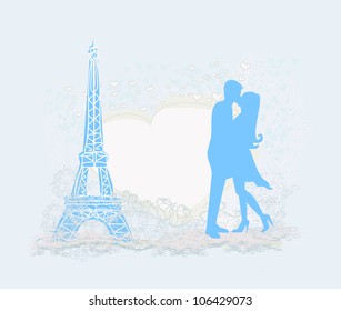 Romantic couple in Paris kissing near the Eiffel Tower Retro card