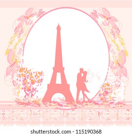  Romantic couple in Paris kissing near the Eiffel Tower