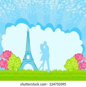  Romantic couple in Paris kissing near the Eiffel Tower