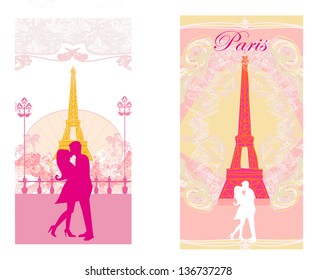 Romantic couple in Paris kissing near the Eiffel Tower Retro card set