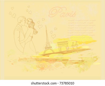 Romantic couple in Paris kissing near the Eiffel Tower.