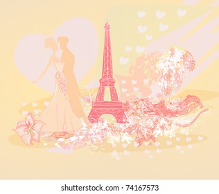 Romantic couple in Paris kissing near the Eiffel Tower. Silhouette