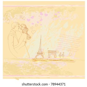 Romantic couple in Paris kissing near the Eiffel Tower. Retro card.