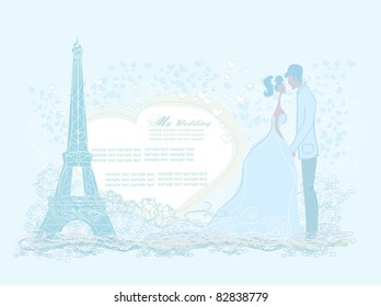 Romantic couple in Paris kissing near the Eiffel Tower. Retro card.