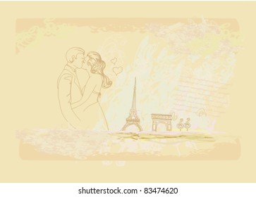 Romantic couple in Paris kissing near the Eiffel Tower. Retro card.