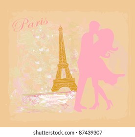 Romantic couple in Paris kissing near the Eiffel Tower. Retro card.