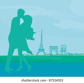 Romantic couple in Paris kissing near the Eiffel Tower. Retro card.