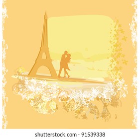 Romantic couple in Paris kissing near the Eiffel Tower. Retro card.