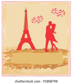 Romantic couple in Paris kissing near the Eiffel Tower. Retro card.