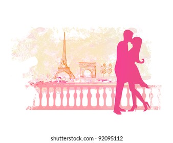 Romantic couple in Paris kissing near the Eiffel Tower. Retro card.