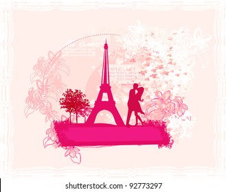 Romantic couple in Paris kissing near the Eiffel Tower. Retro card.