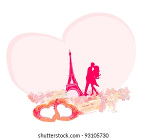 Romantic couple in Paris kissing near the Eiffel Tower. Retro card.