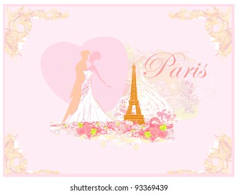 Romantic couple in Paris kissing near the Eiffel Tower. Retro card.