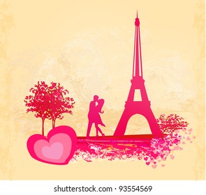 Romantic couple in Paris kissing near the Eiffel Tower. Retro card.