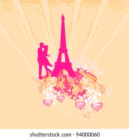 Romantic couple in Paris kissing near the Eiffel Tower. Retro card.