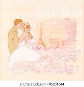 Romantic couple in Paris kissing near the Eiffel Tower. Retro card.