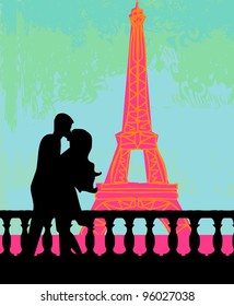 Romantic couple in Paris kissing near the Eiffel Tower. Retro card.