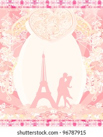 Romantic couple in Paris kissing near the Eiffel Tower  Retro card