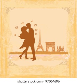 Romantic couple in Paris kissing near the Eiffel Tower Retro card