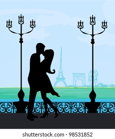 Romantic couple in Paris kissing near the Eiffel Tower  Retro card