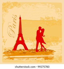 Romantic couple in Paris kissing near the Eiffel Tower Retro card