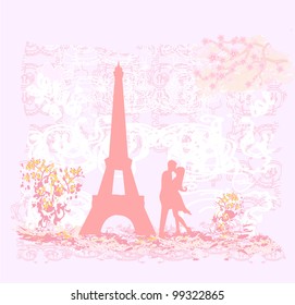 Romantic couple in Paris kissing near the Eiffel Tower Retro card