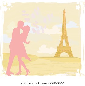 Romantic couple in Paris kissing near the Eiffel Tower Retro card