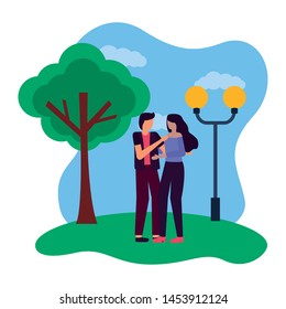 romantic couple in the park with lamp post and tree vector illustration