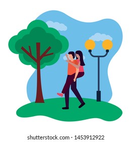 romantic couple in the park with lamp post and tree vector illustration