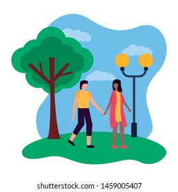 romantic couple in the park with lamp post and tree vector illustration