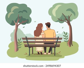 Romantic couple in park. Lovers are sitting on bench, view from back, happy relationship boyfriend and girlfriend, people spend time together, cartoon flat isolated illustration, vector concept