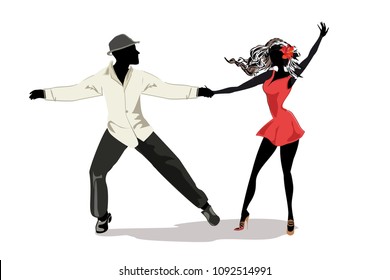 Romantic couple in passionate Latin American dances. Salsa festival. Hand drawn poster background.