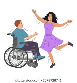 Romantic couple of people with disabilities vector isolated. Happy couple in love. Person in wheelchair having fun and dancing with girlfriend. Man spending time with wife.