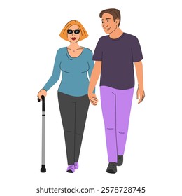 Romantic couple of people with disabilities vector isolated. Happy couple in love walking together. Blind woman in sunglasses with walking cane and holding hands with her husband.