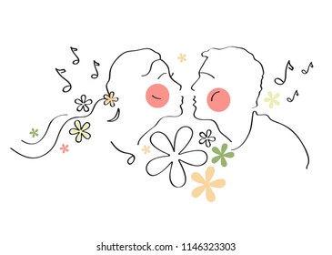 Romantic couple of people, silhouettes of man and woman are going to kiss, happy together, ahead of them love, wedding, marriage, bridal, birthday, Valentine's day.
