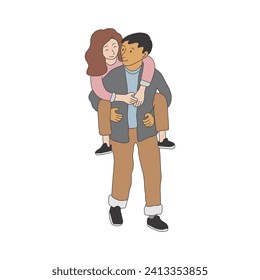 A romantic couple piggybacking, like korean movie. The man carrying on shoulders the woman. Love and relationship. Feeling positive. Flat vector illustration.