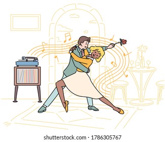 Romantic Couple Playing Tango With LP Music At Home. Hand Drawn Style Vector Design Illustrations. 