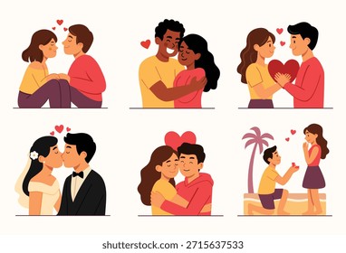 Poses de casal romântico - Uma coleção encantadora de ilustrações de vetor estilo cartoon com casais românticos em poses afetuosas.