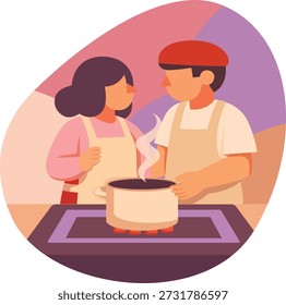 Romantic couple preparing a delicious meal together in a warm kitchen for Valentine's Day celebrations. Isometric flat vector illustration of togetherness and love through shared cooking.