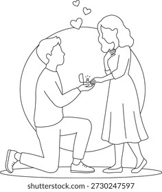 Romantic couple proposal scene drawn in clean line art style, showing a man kneeling and proposing marriage to a woman. Minimal black and white illustration representing love, engagement, romance, and Valentine’s Day concepts.